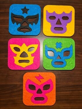Lucha Libre Wrestling Mask Felt Coasters – Set of 5 – Colorful Retro from Mexico